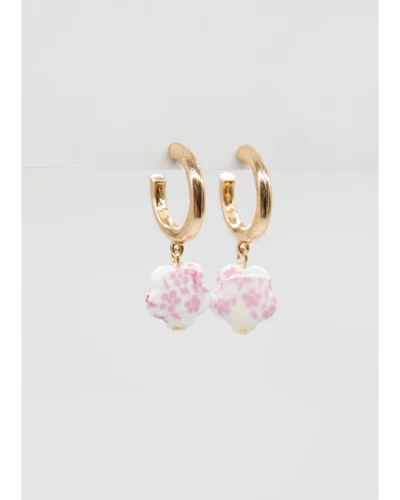 Stella + Gemma Earrings Gd Hoops w/Ceramic Pk Flowers