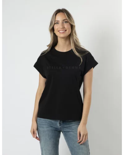 Stella + Gemma Black w/Embroidered Logo Cuff Sleeve Tee
