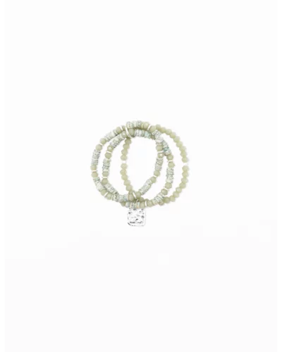 Stella + Gemma Green Beads w/Silver Beaten Pendant Bracelet