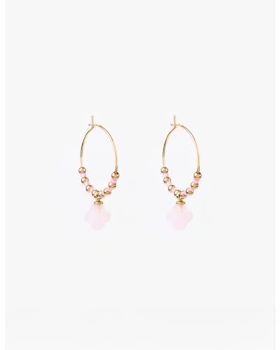 Stella + Gemma Earrings Clover - Gold Hoop Pink Clover and Beads